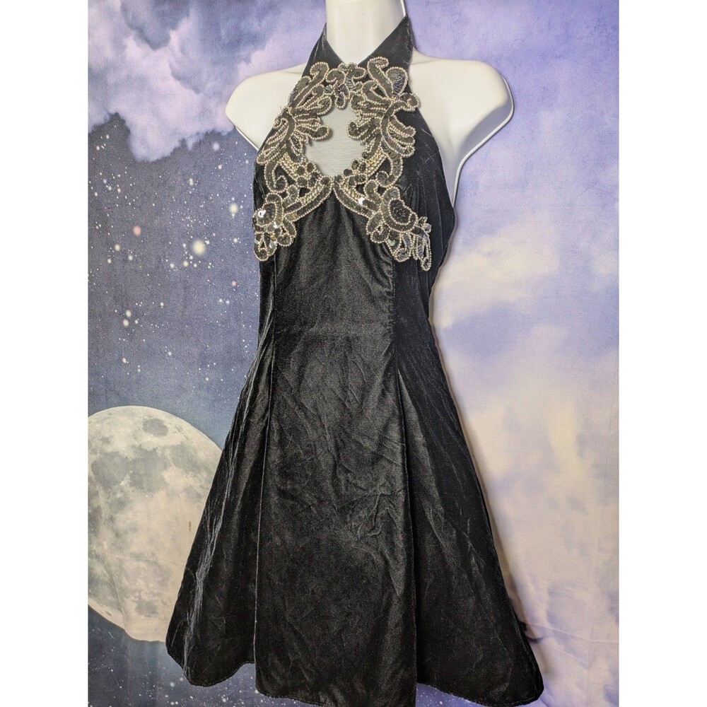 Vintage Black Velvet Beaded Halter Dress Goth Glam Party Cocktail XS Zum Zum 90s - Picture 10 of 13